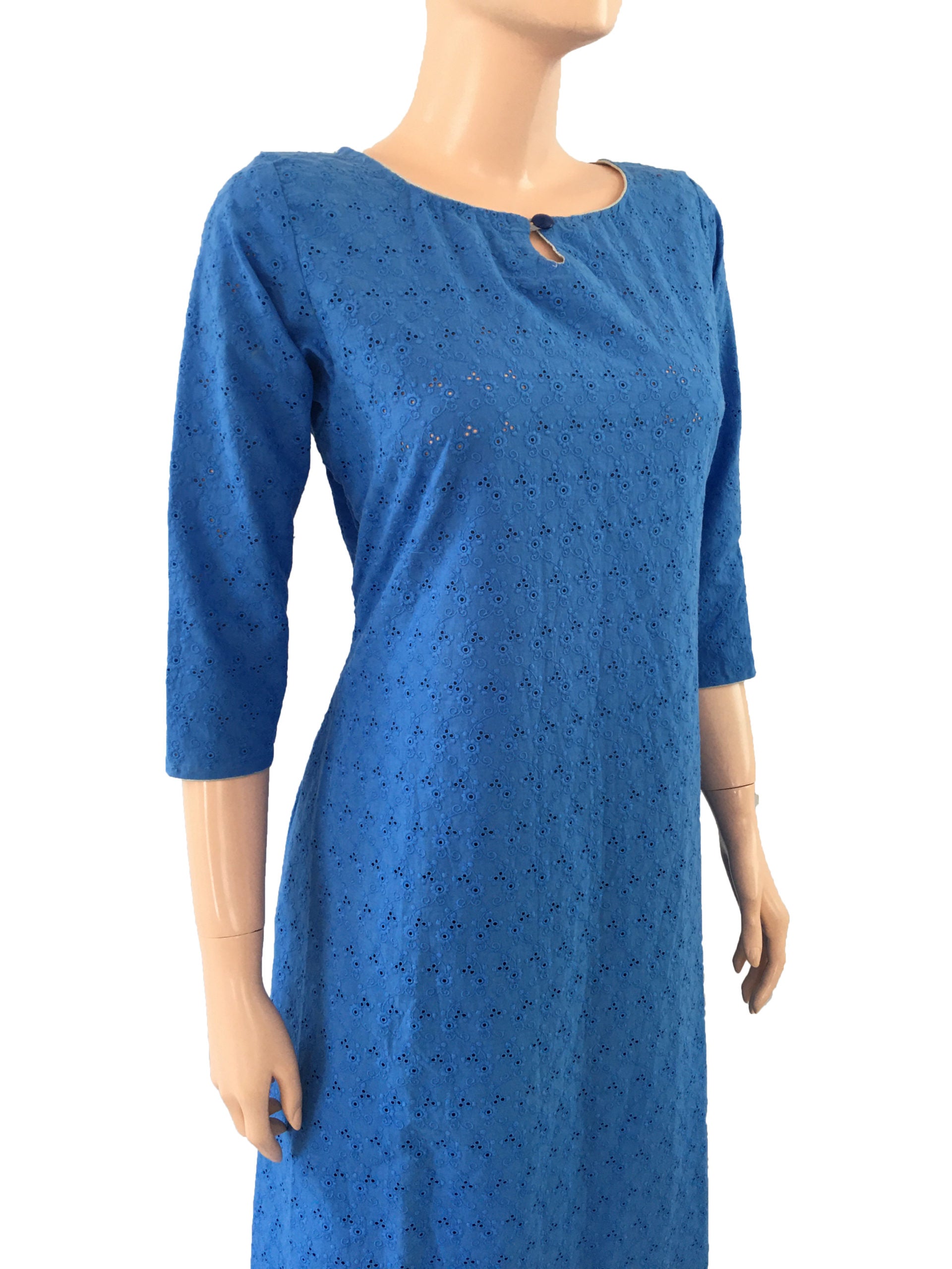 Hakoba Cotton Boatneck A line Kurti, Iris Blue, KW1013 Hakoba Cotton Boatneck A line Kurti, Iris Blue, KW1013