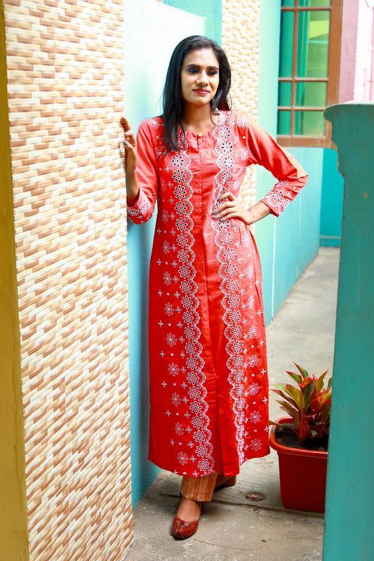 Cotton Rayon Roundneck Straightcut Hakoba Kurta, Orange , KW1038
