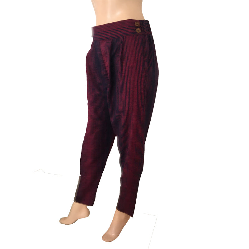 Striped Woven Cotton Pants with Side Zip & Pockets, Back Elasticated, Navy blue - Majentha, PN1062