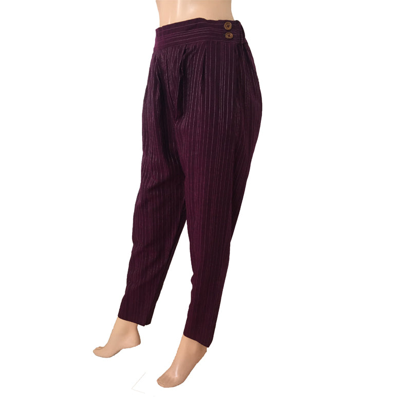Woven Lurex Cotton Pants with Zari Stripes, Side Zip & Pockets, Back Elasticated, Purple, PN1065