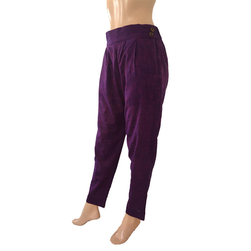 Woven South Cotton Pants with Side Zip & Pockets, Back Elasticated, Purple, PN1068
