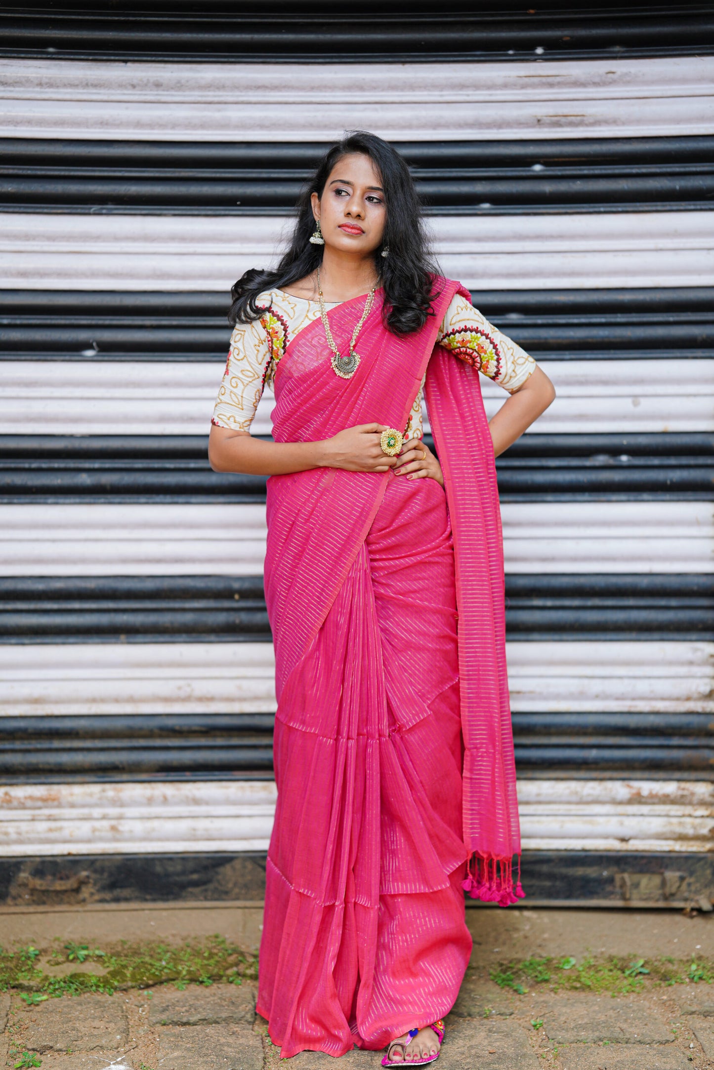 Handloom Mulmul Cotton Saree with Woven Zari Stripes & Tassles, Pink, SR1006