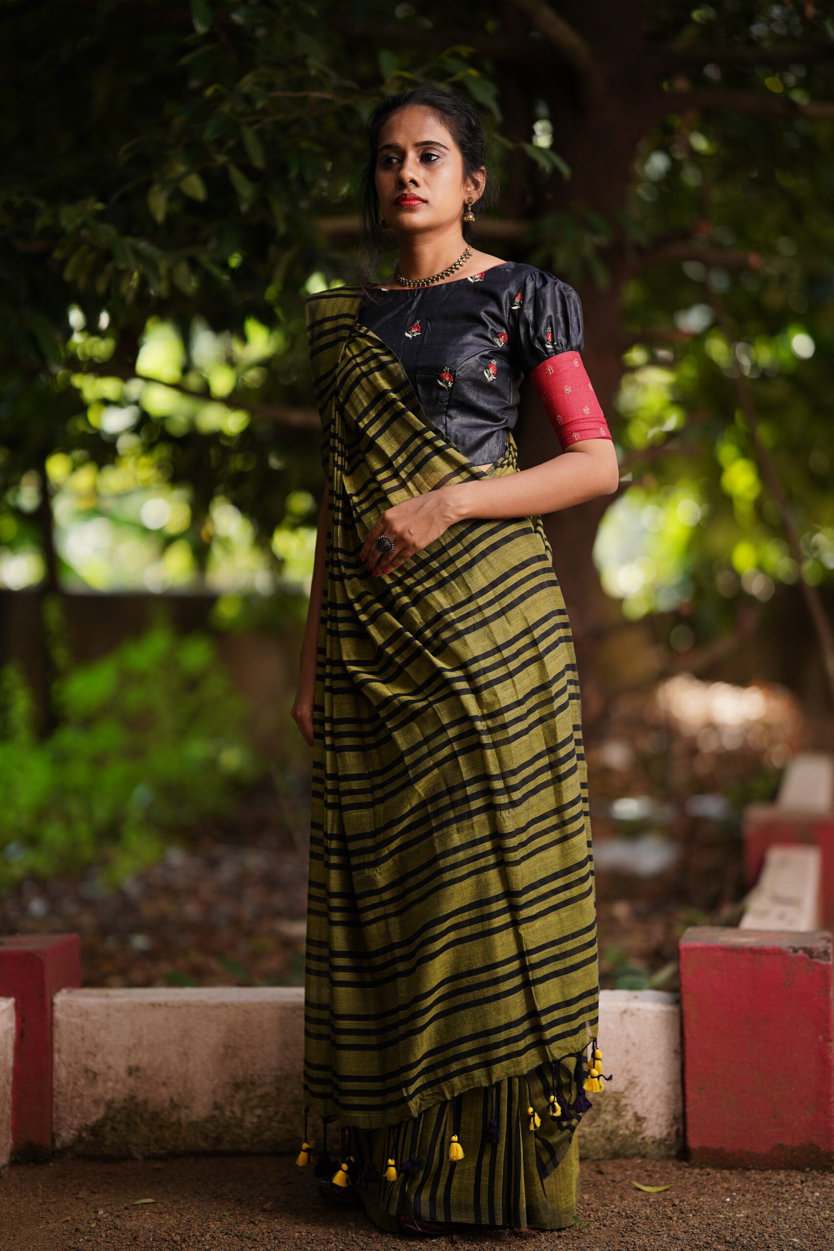 Handloom Mulmul Cotton Striped Saree with Tassles, Olive Green, SR1010