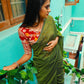 Handloom Mulmul Cotton Saree with Woven Zari Stripes & Tassles, Olive Green, SR1016