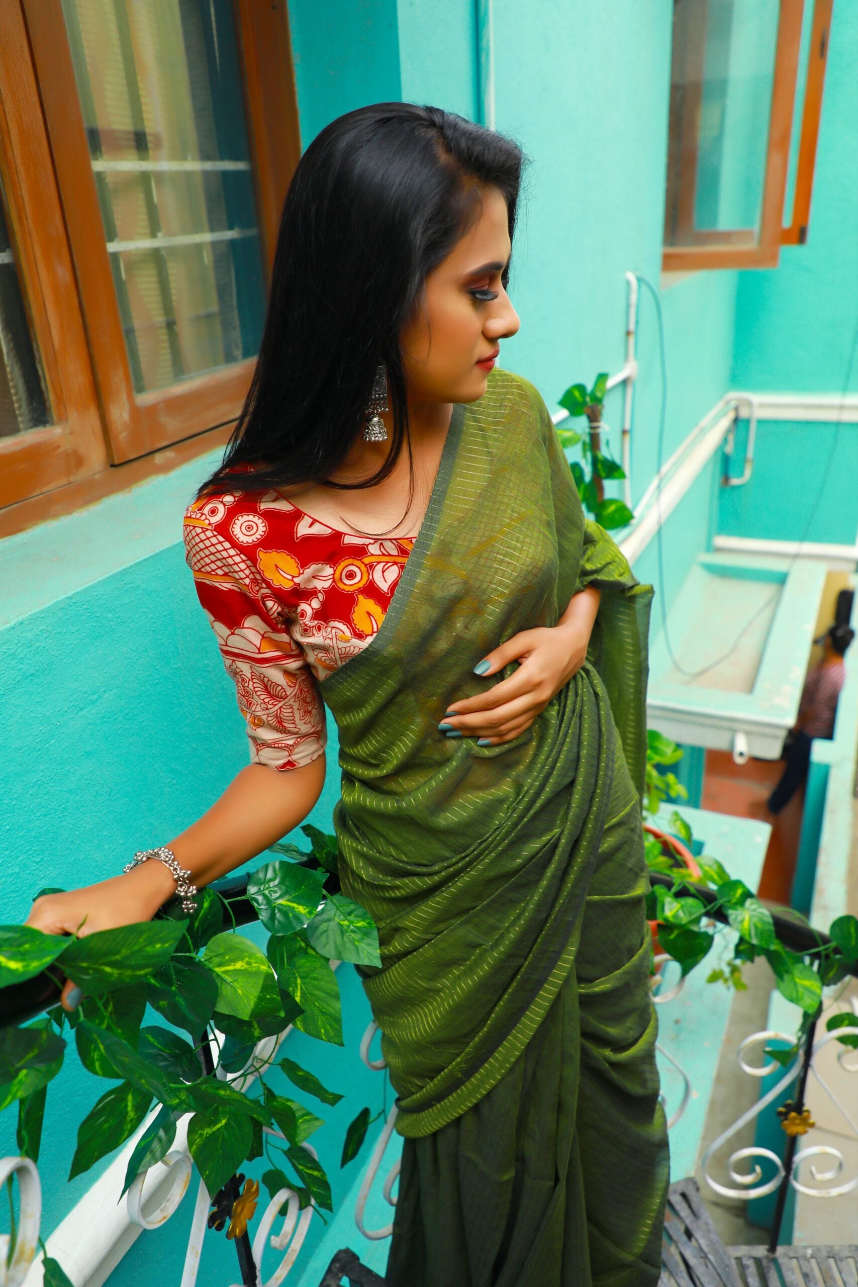 Handloom Mulmul Cotton Saree with Woven Zari Stripes & Tassles, Olive Green, SR1016