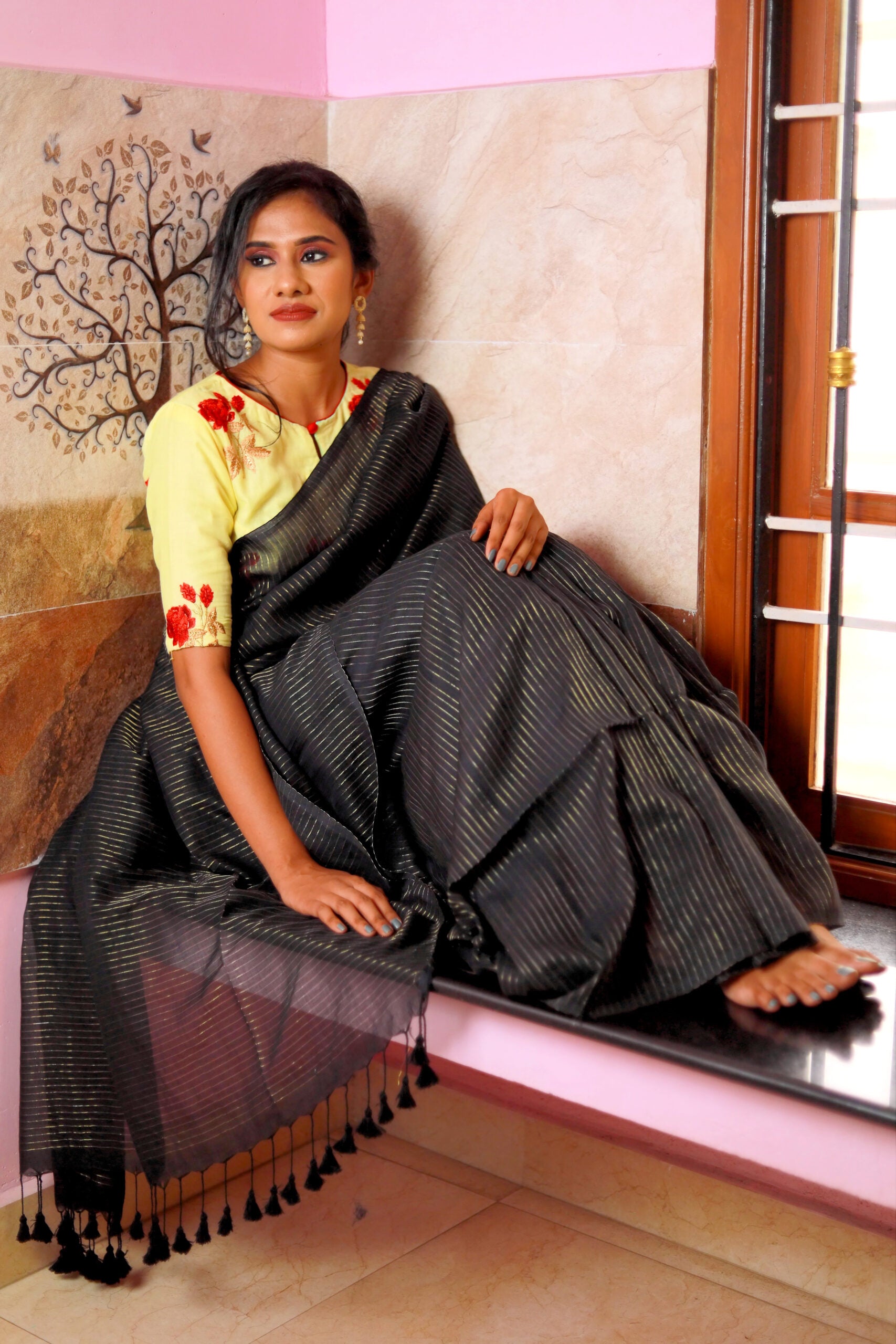 Handloom Mulmul Cotton Saree with Woven Zari Stripes & Tassles, Black, SR1018