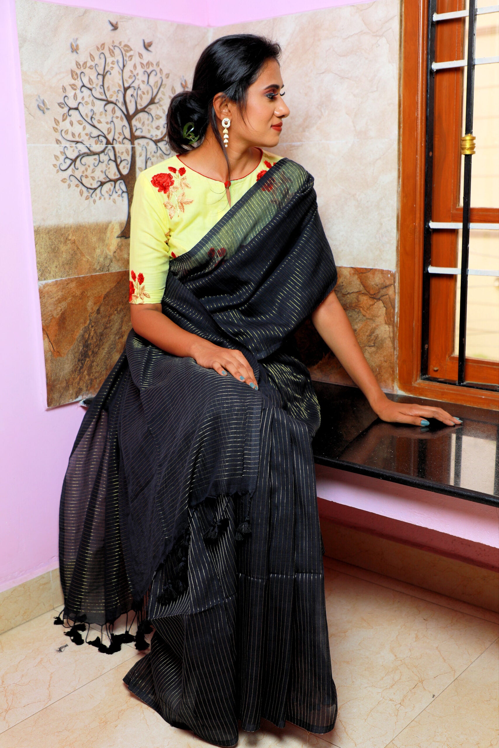 Handloom Mulmul Cotton Saree with Woven Zari Stripes & Tassles, Black, SR1018