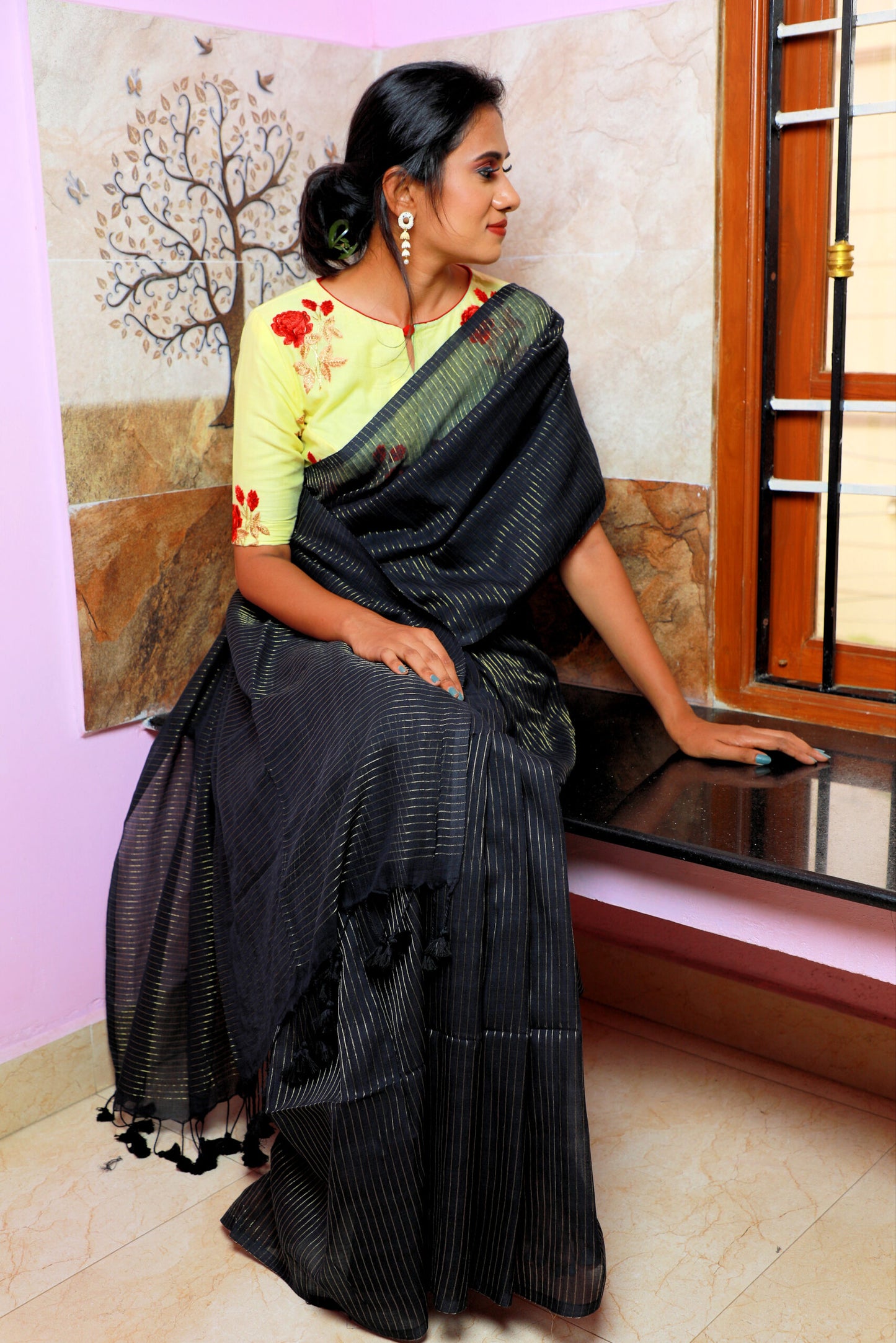 Handloom Mulmul Cotton Saree with Woven Zari Stripes & Tassles,  Black, SR1018