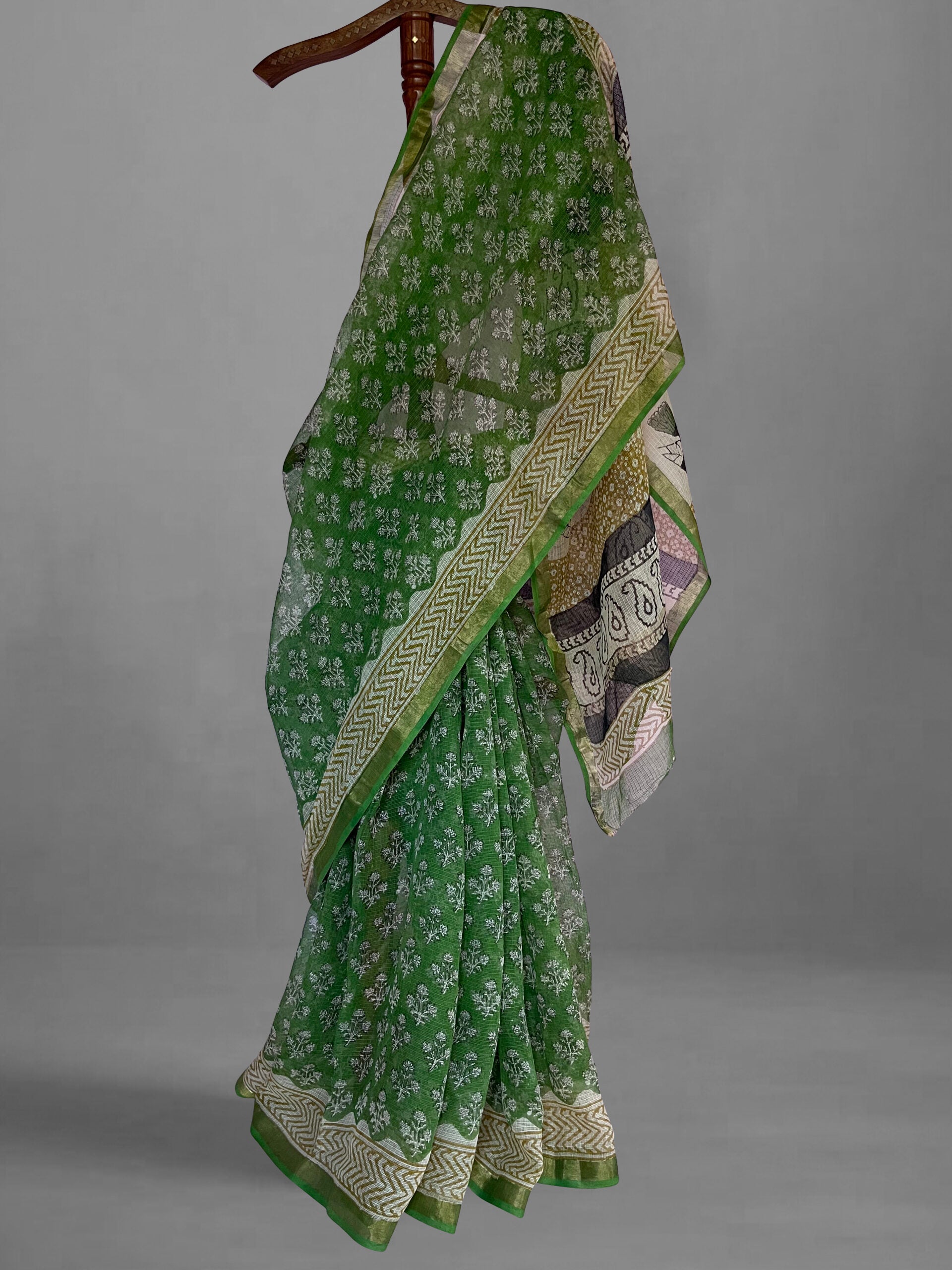 Pure Cotton Kota Doria Block Printed Saree with Zari Border, Green, SR1032