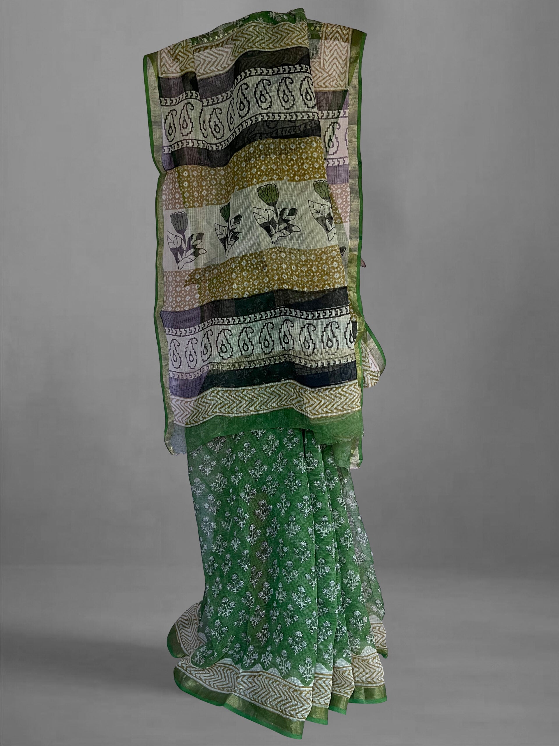 Pure Cotton Kota Doria Block Printed Saree with Zari Border, Green, SR1032