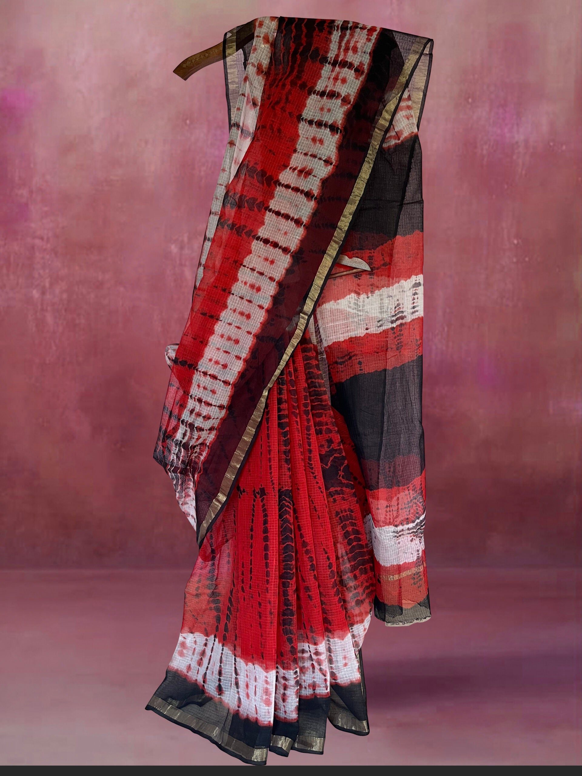 Pure Cotton Kota Doria Block Printed Saree with Zari Border, Red - black, SR1033
