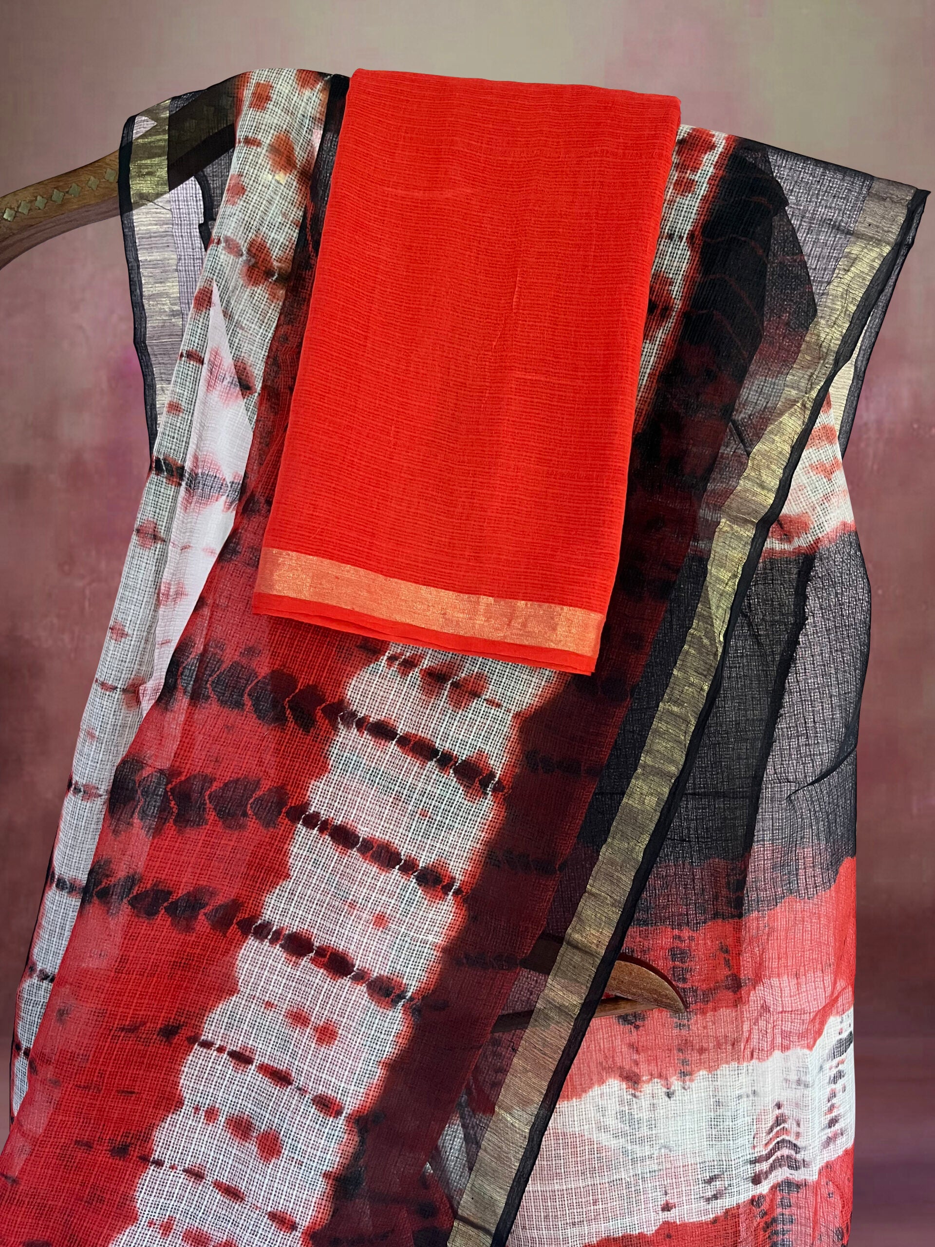 Pure Cotton Kota Doria Block Printed Saree with Zari Border, Red - black, SR1033