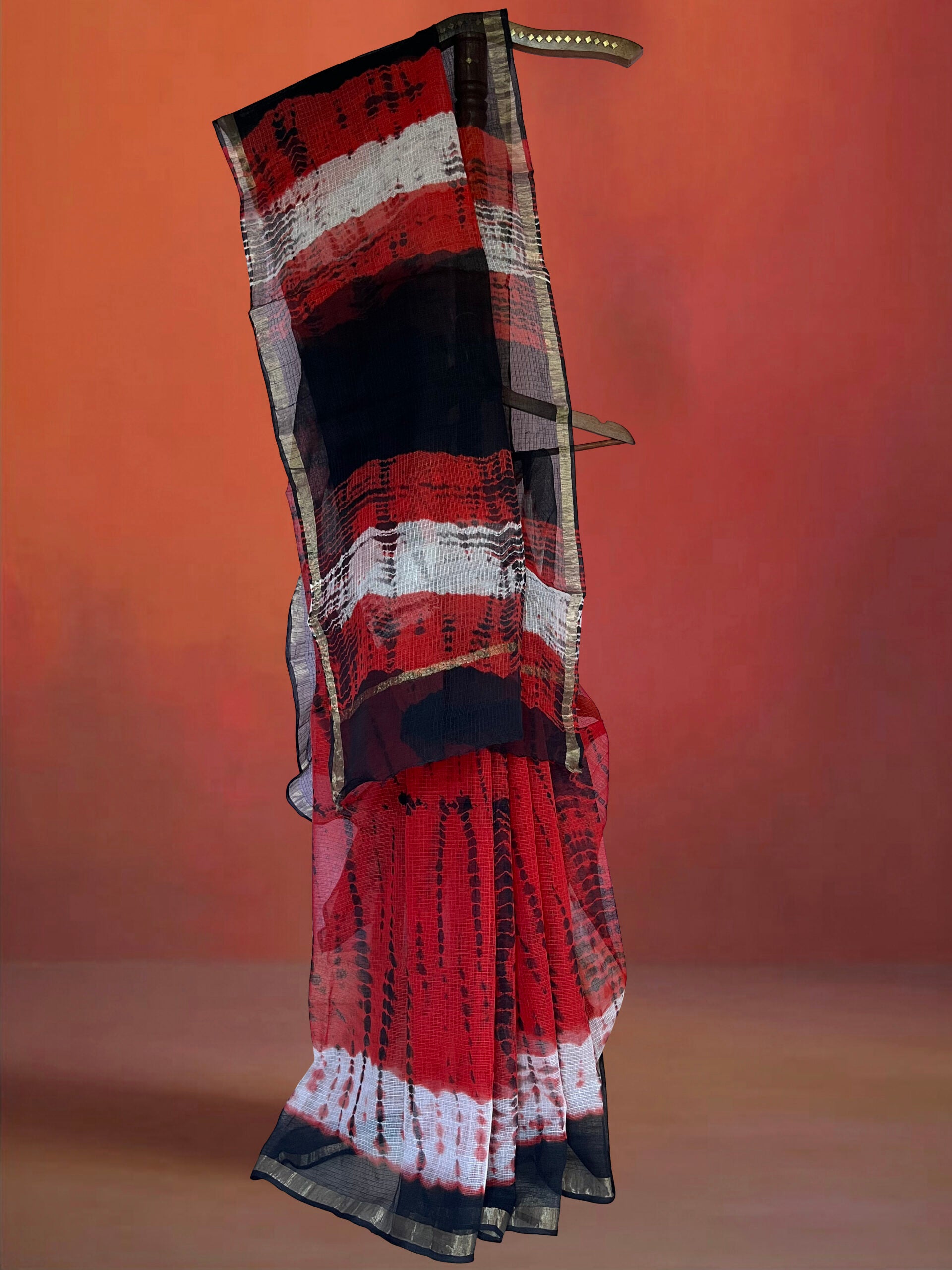 Pure Cotton Kota Doria Block Printed Saree with Zari Border, Red - black, SR1033