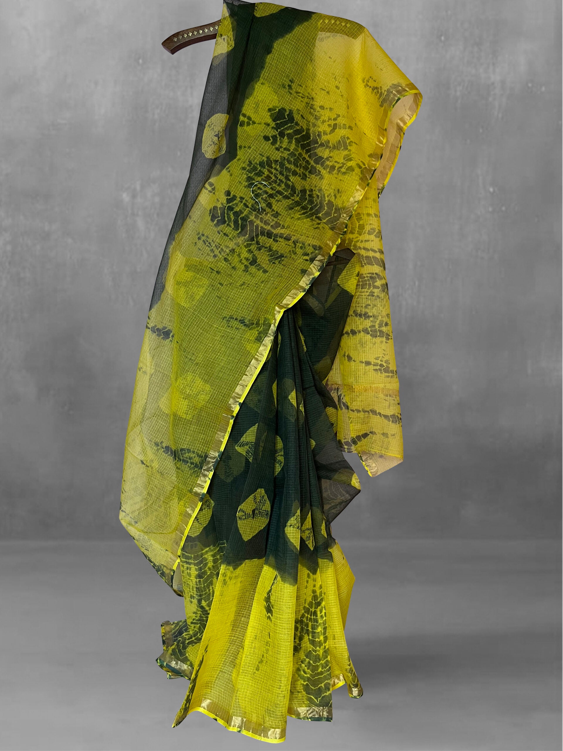 Pure Cotton Kota Doria Block Printed Saree with Zari Border, Green - Yellow, SR1034