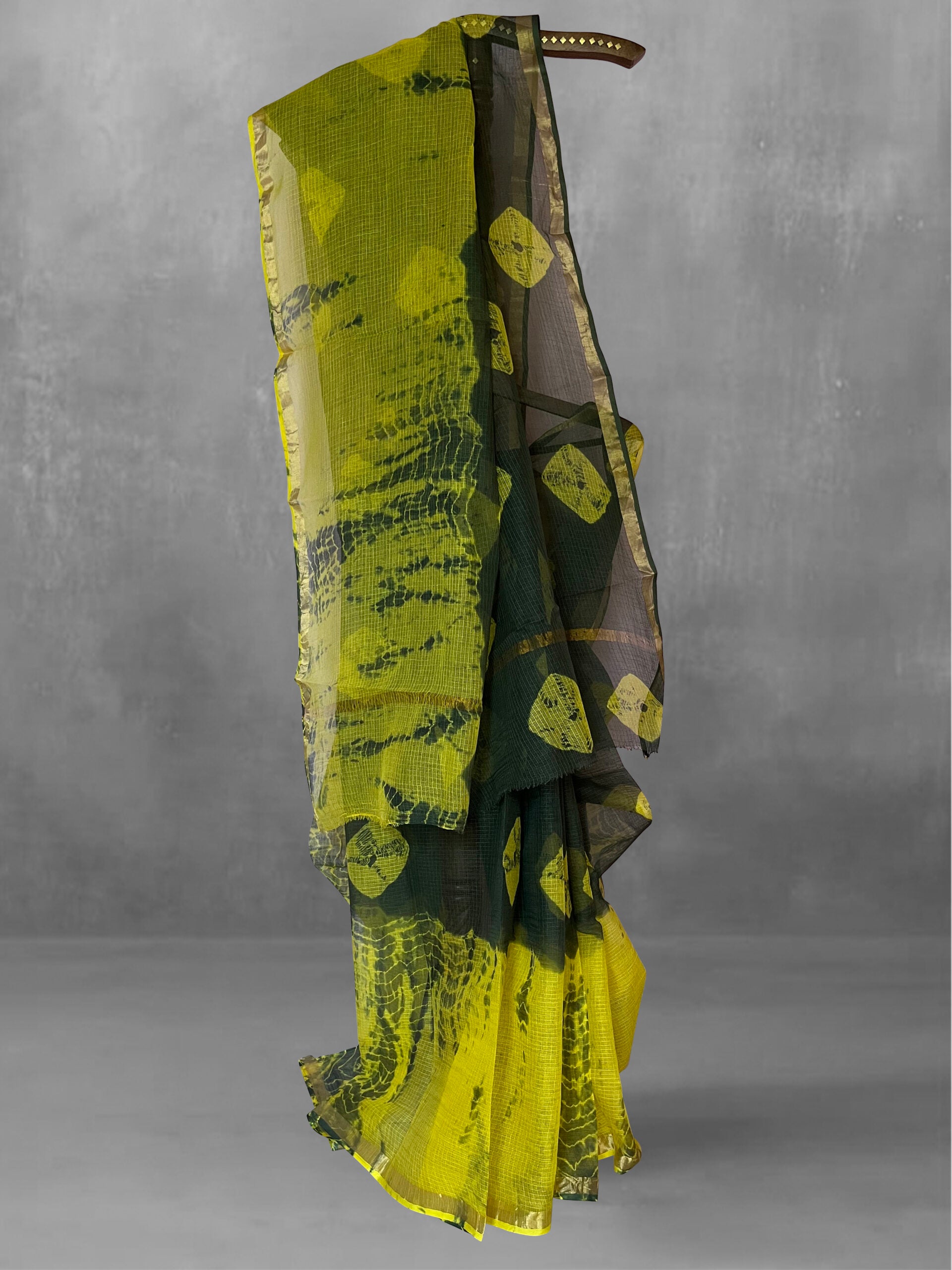 Pure Cotton Kota Doria Block Printed Saree with Zari Border, Green - Yellow, SR1034