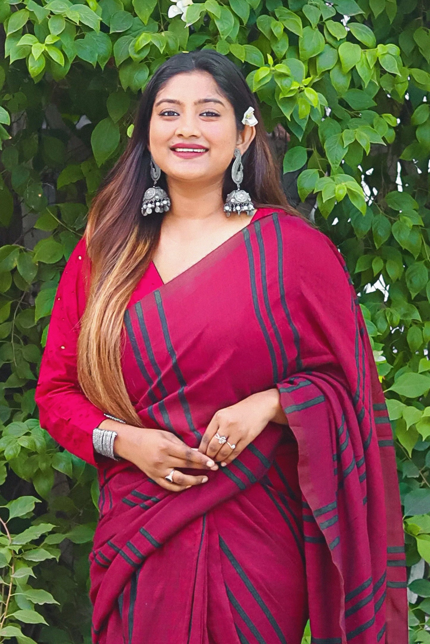 Handloom Mulmul Cotton Striped Saree with Tassles, Maroon, SR1011