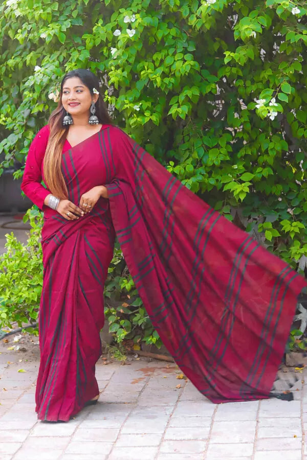 Handloom Mulmul Cotton Striped Saree with Tassles, Maroon, SR1011