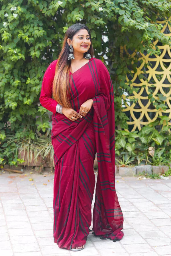 Handloom Mulmul Cotton Striped Saree with Tassles, Maroon, SR1011
