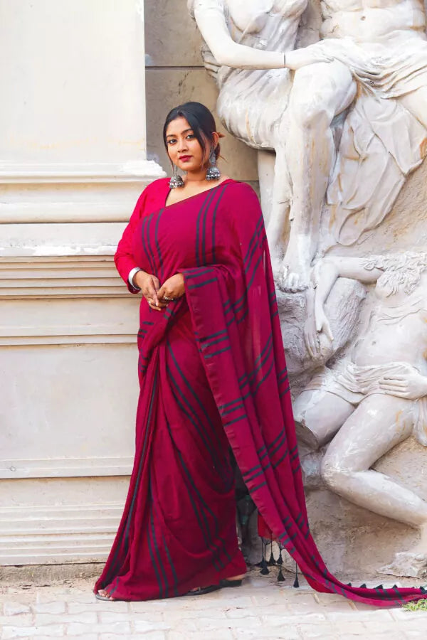 Handloom Mulmul Cotton Striped Saree with Tassles, Maroon, SR1011