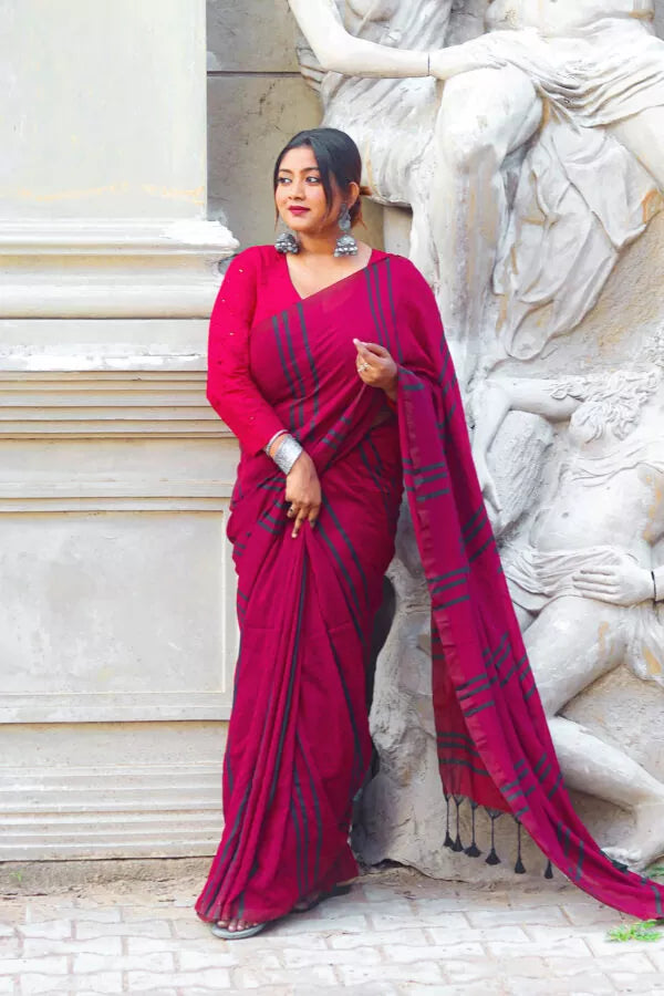 Handloom Mulmul Cotton Striped Saree with Tassles, Maroon, SR1011