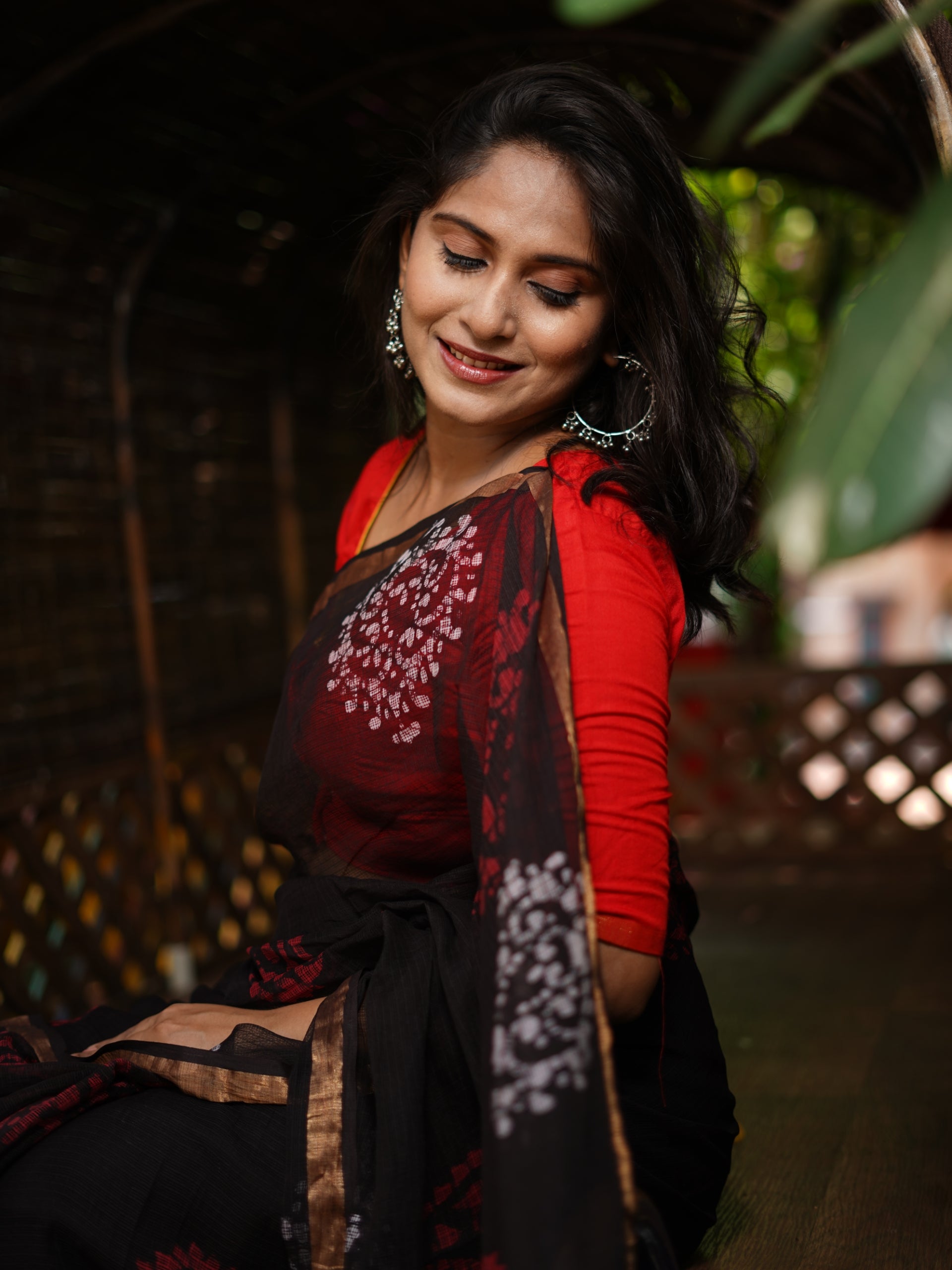 Pure Cotton Kota Doria Block Printed Saree with Zari Border, Black, SR1030