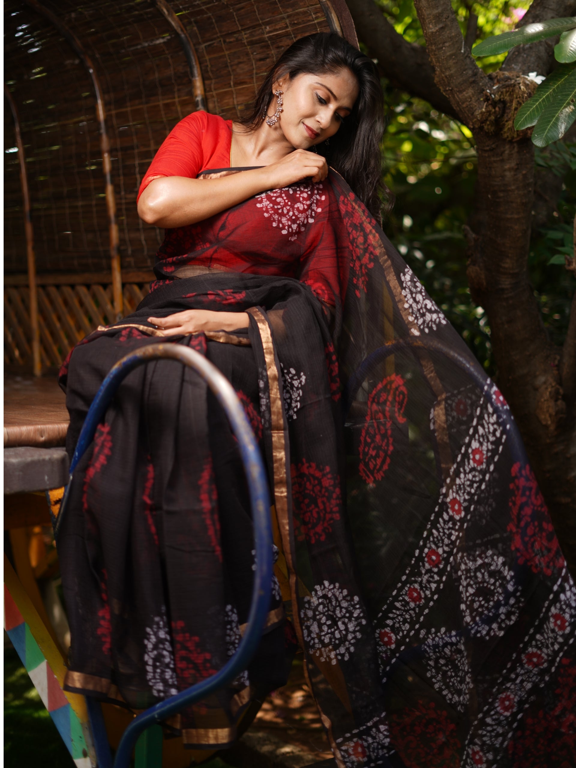 Pure Cotton Kota Doria Block Printed Saree with Zari Border, Black, SR1030