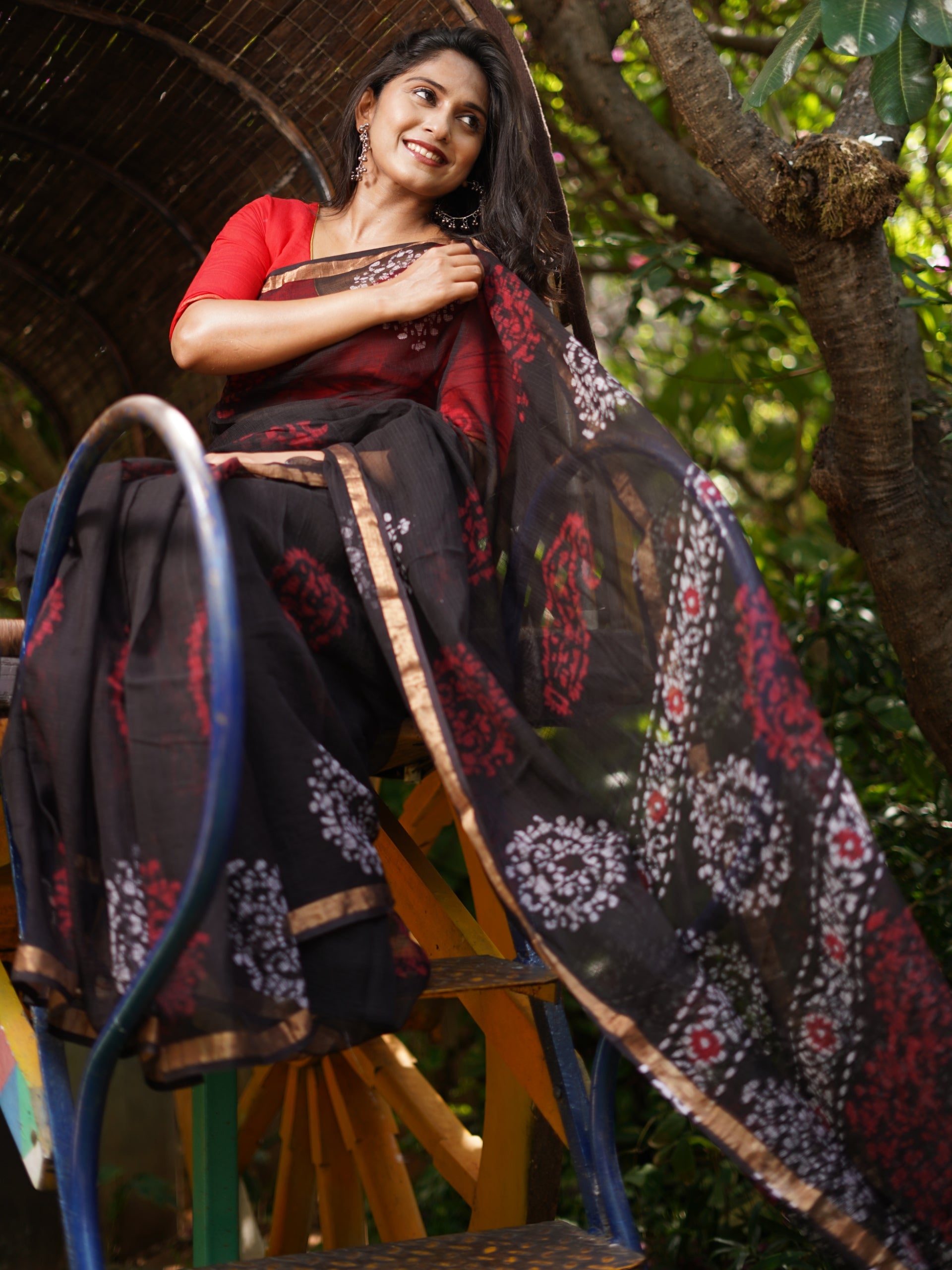 Pure Cotton Kota Doria Block Printed Saree with Zari Border, Black, SR1030