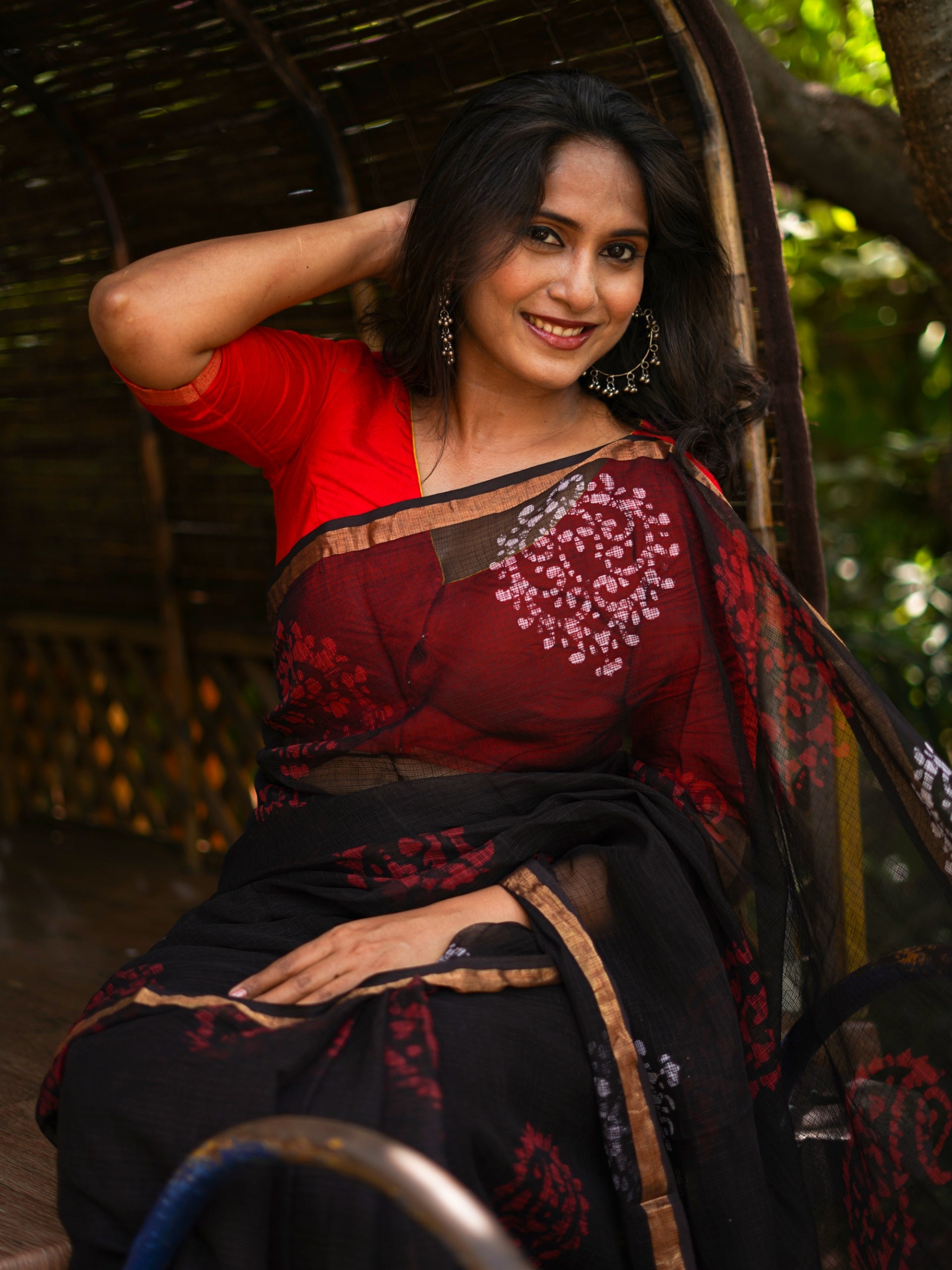 Pure Cotton Kota Doria Block Printed Saree with Zari Border, Black, SR1030