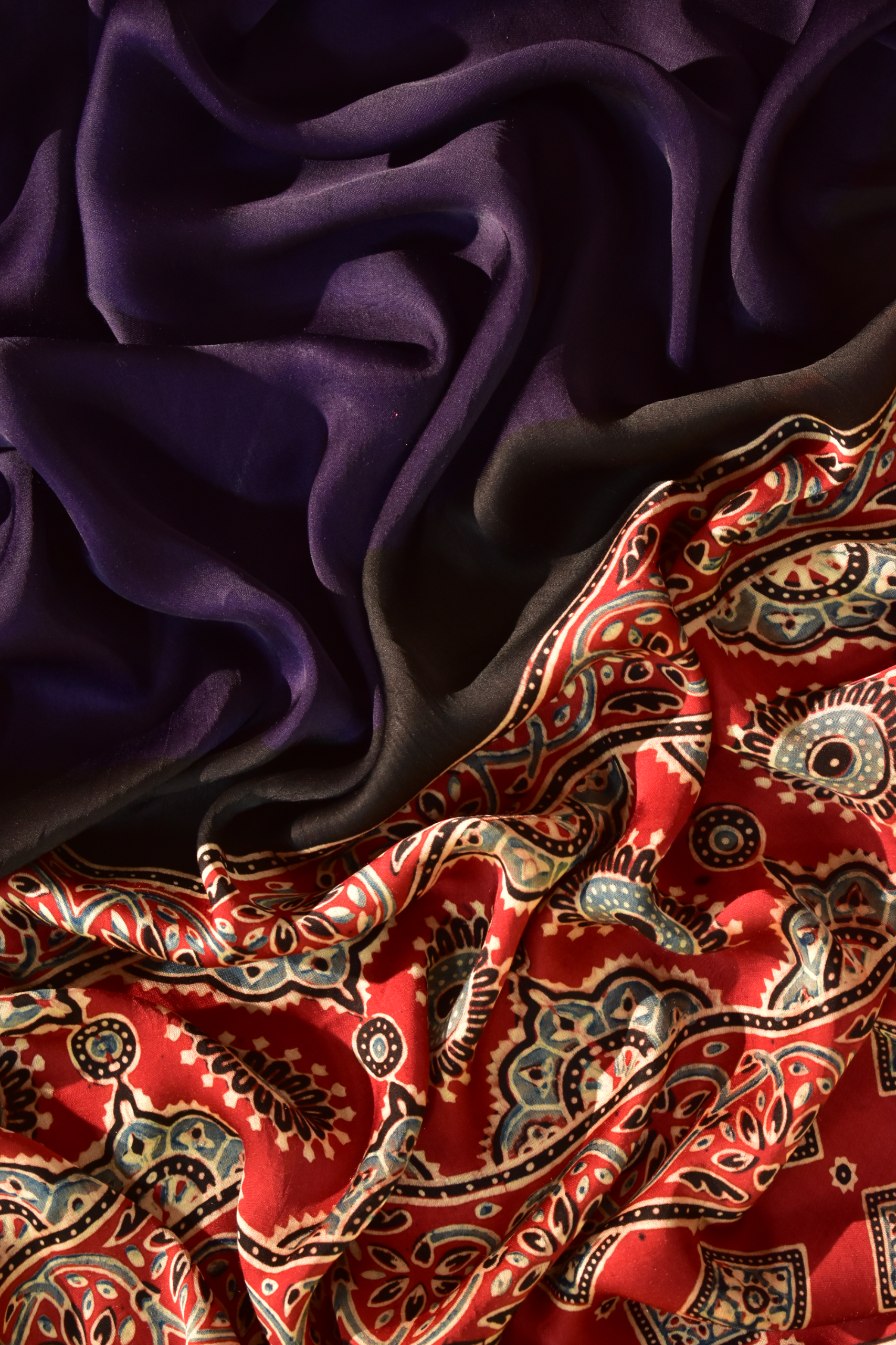 Plum Purple & Ruby Red Modal Silk Saree with Plain body, Ajrakh border Pallu & Blouse Piece, SS1019 Plum Purple & Ruby Red Modal Silk Saree with Plain body, Ajrakh border Pallu & Blouse Piece, SS1019