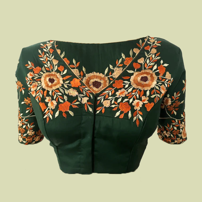 Embroidered Cotton Silk V neck Blouse with Lining, Bottle Green, BW1142
