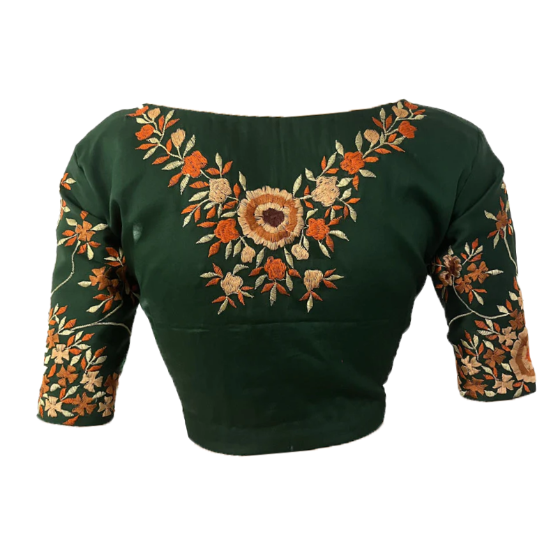 Embroidered Cotton Silk V neck Blouse with Lining, Bottle Green, BW1142