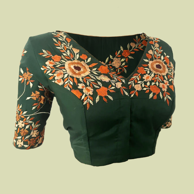 Embroidered Cotton Silk V neck Blouse with Lining, Bottle Green, BW1142