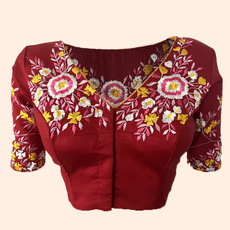 Embroidered Cotton Silk V neck Blouse with Lining, Maroon, BW1143