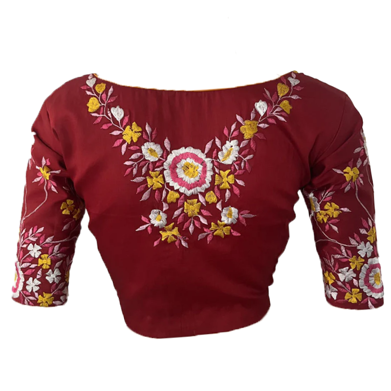 Embroidered Cotton Silk V neck Blouse with Lining, Maroon, BW1143