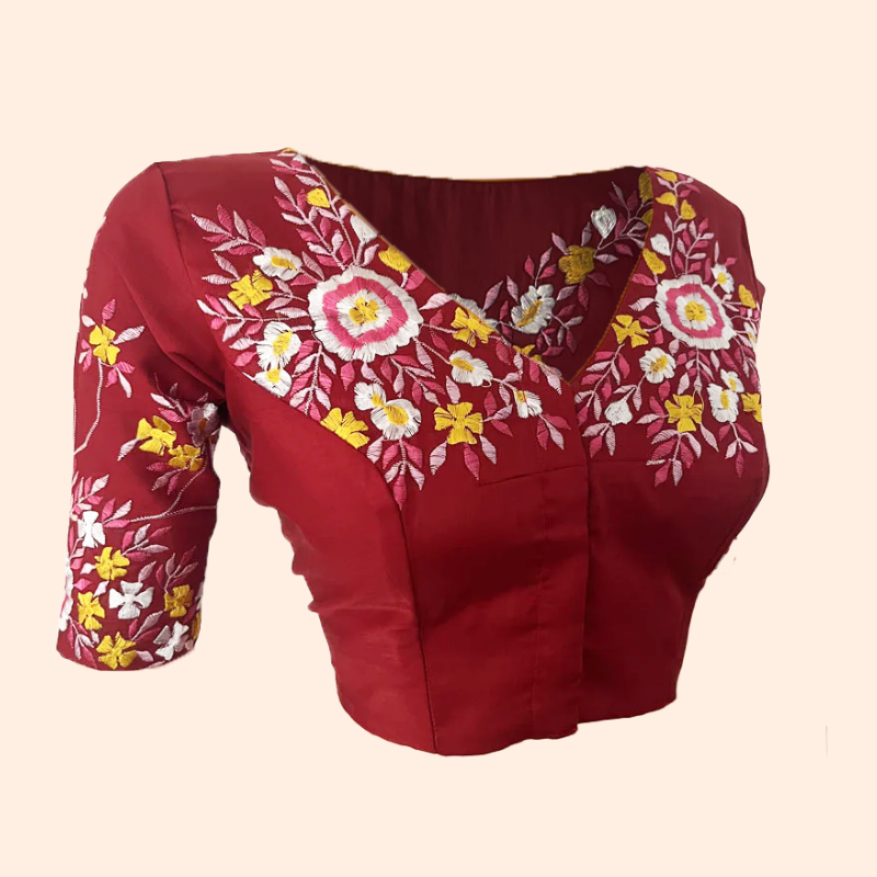 Embroidered Cotton Silk V neck Blouse with Lining, Maroon, BW1143