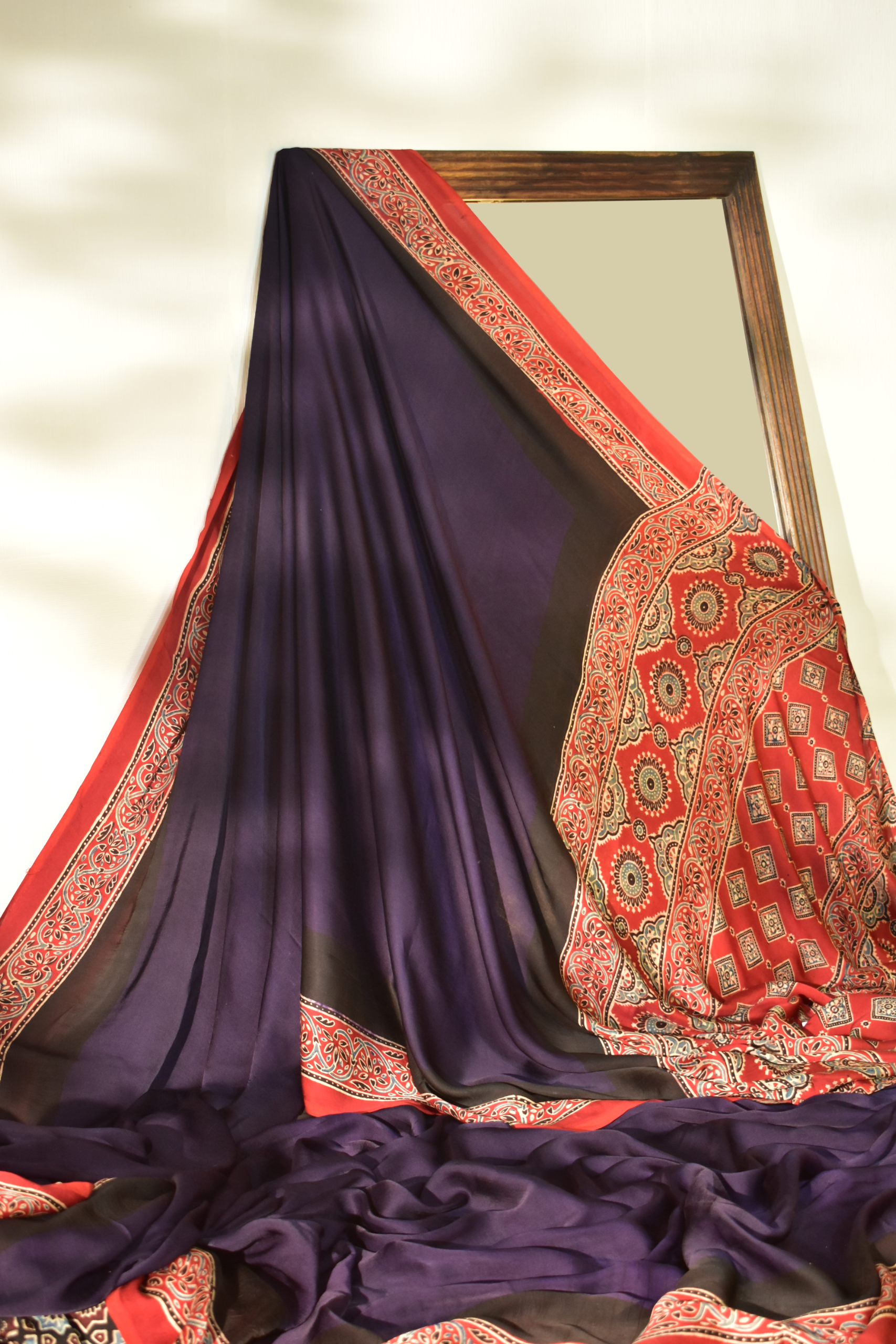 Plum Purple & Ruby Red Modal Silk Saree with Plain body, Ajrakh border Pallu & Blouse Piece, SS1019 Plum Purple & Ruby Red Modal Silk Saree with Plain body, Ajrakh border Pallu & Blouse Piece, SS1019