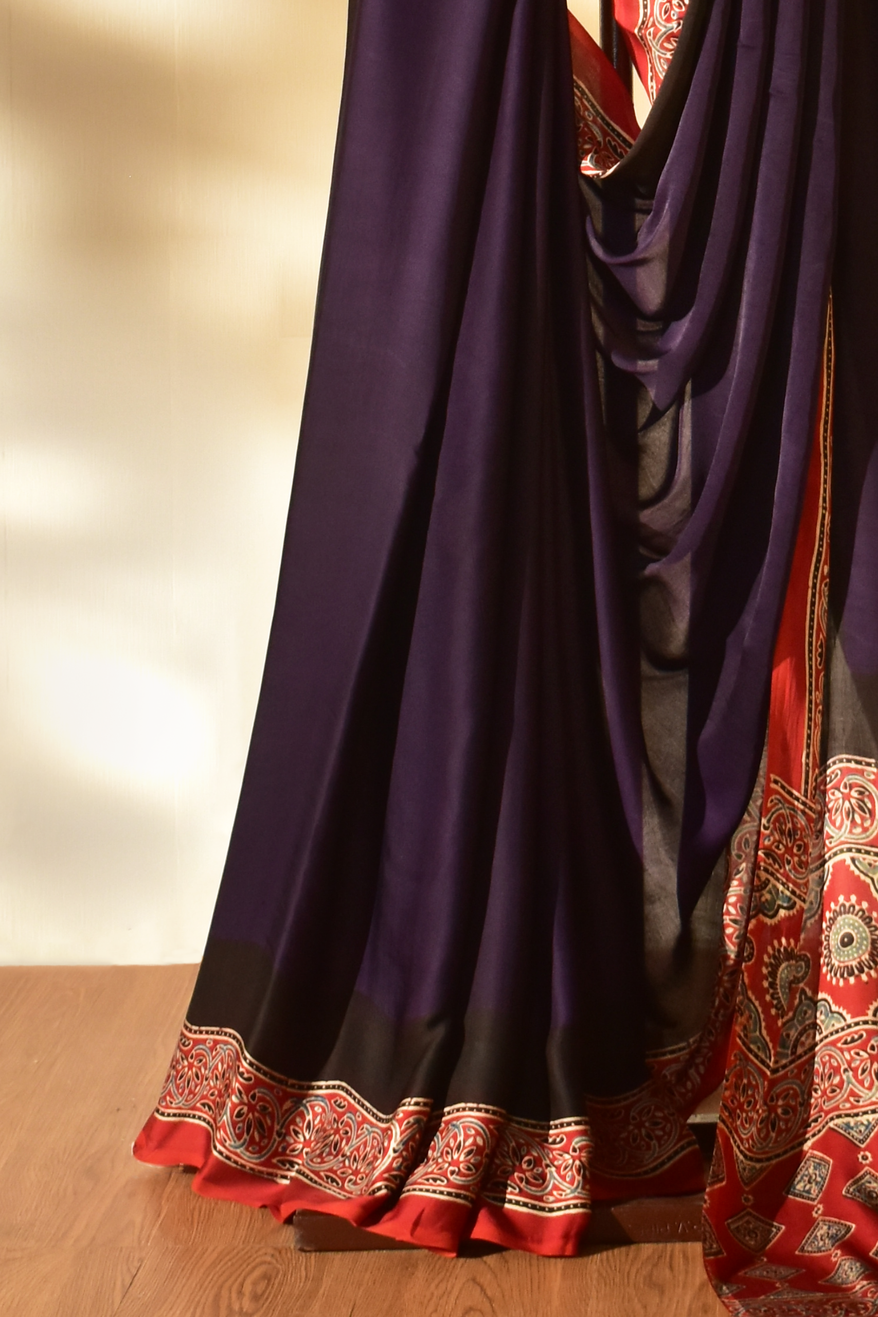 Plum Purple & Ruby Red Modal Silk Saree with Plain body, Ajrakh border Pallu & Blouse Piece, SS1019 Plum Purple & Ruby Red Modal Silk Saree with Plain body, Ajrakh border Pallu & Blouse Piece, SS1019