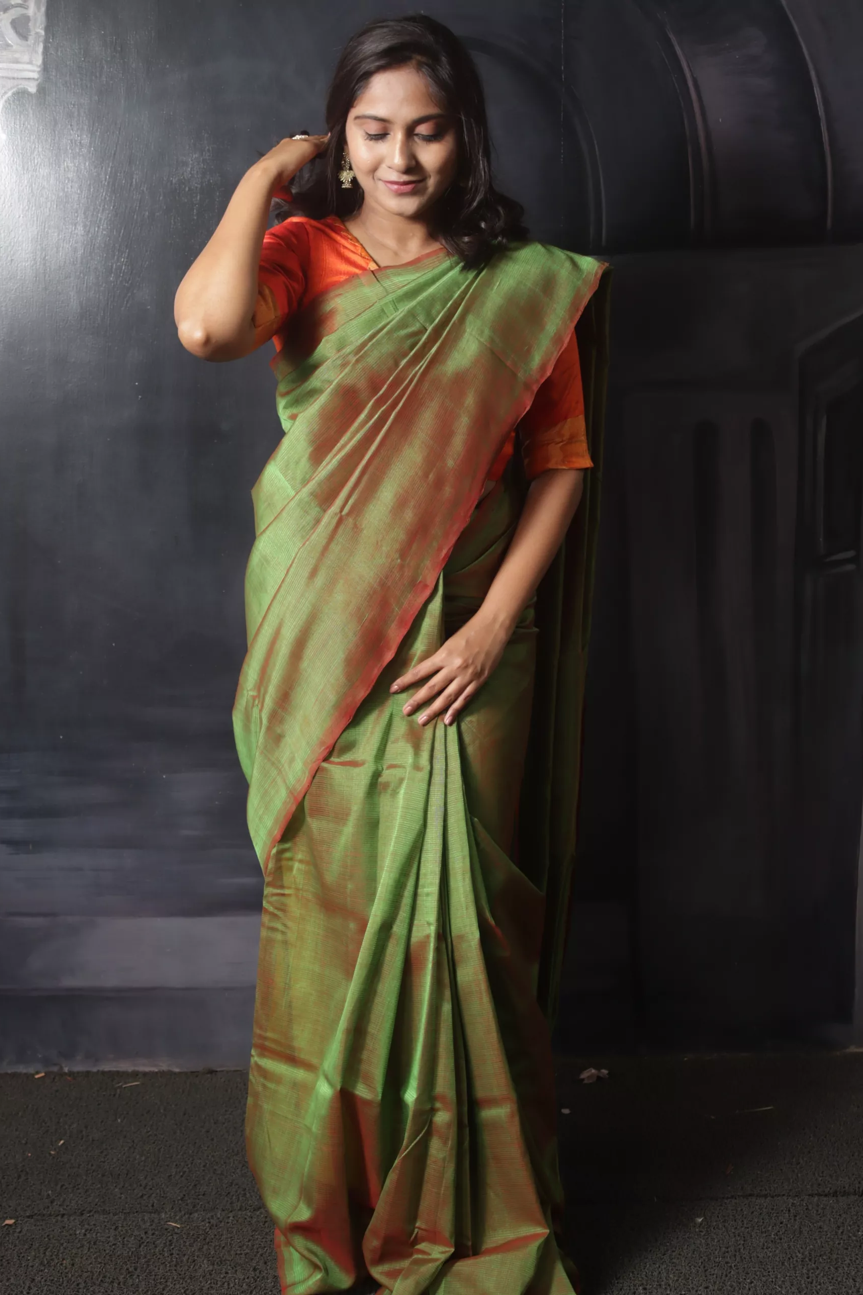 Mangalgiri Handwoven Silk Cotton Saree, Olive Green - Maroon Dual Tone, SS1007