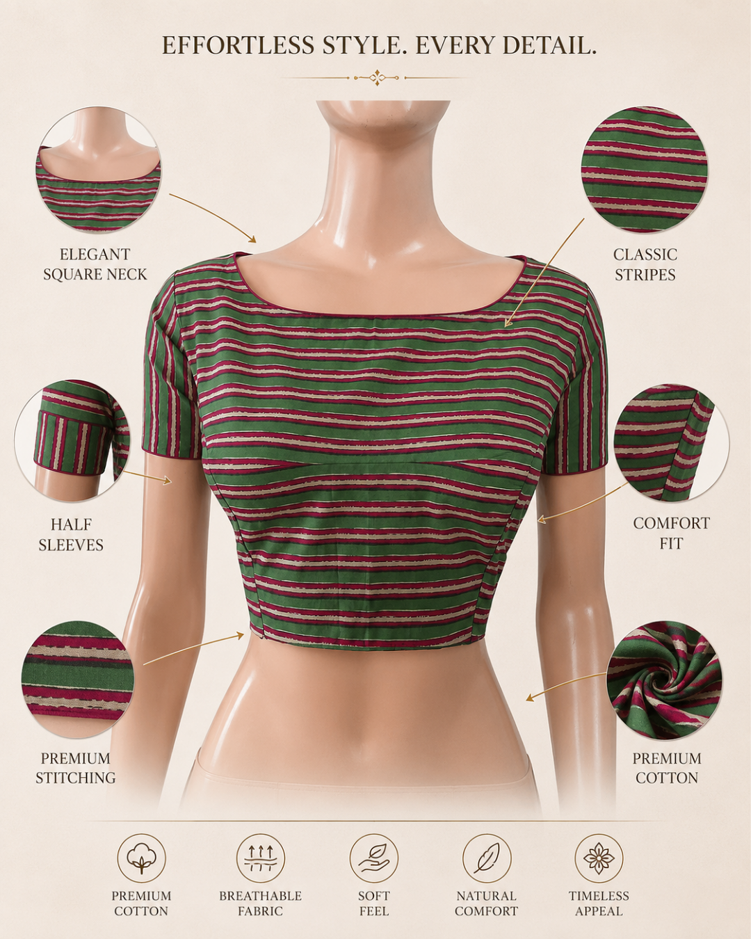 Striped Boatneck  Blouse with Short Sleeves, Backopen,  Green - Pink,  BP1159