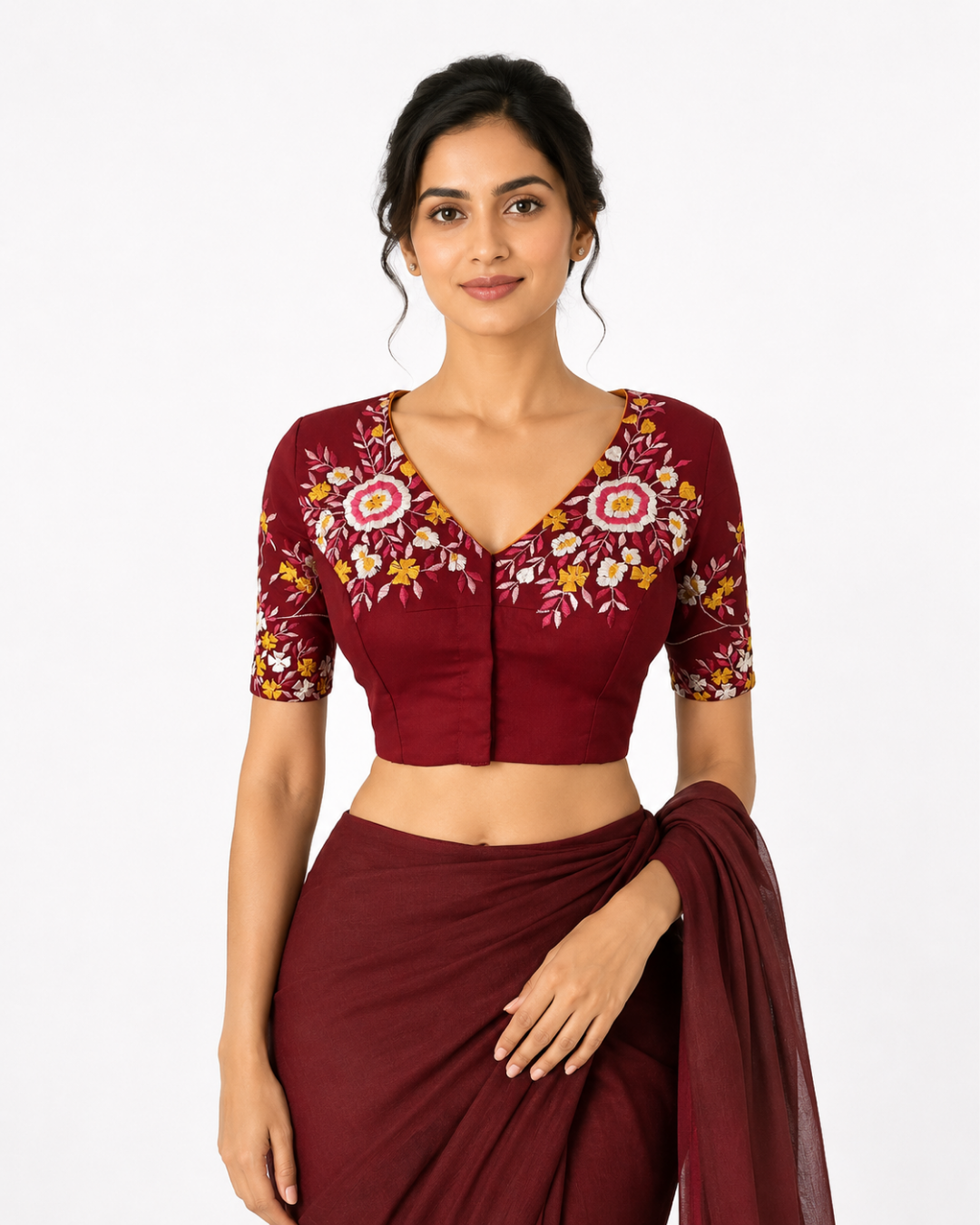 Embroidered  Cotton Silk V neck Blouse with  Lining,  Maroon, BW1143