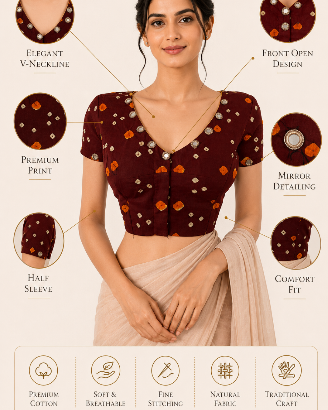 Bandhani  Cotton  V neck Blouse with Short Sleeves & Mirror Work Details,  Brown,  BP1189