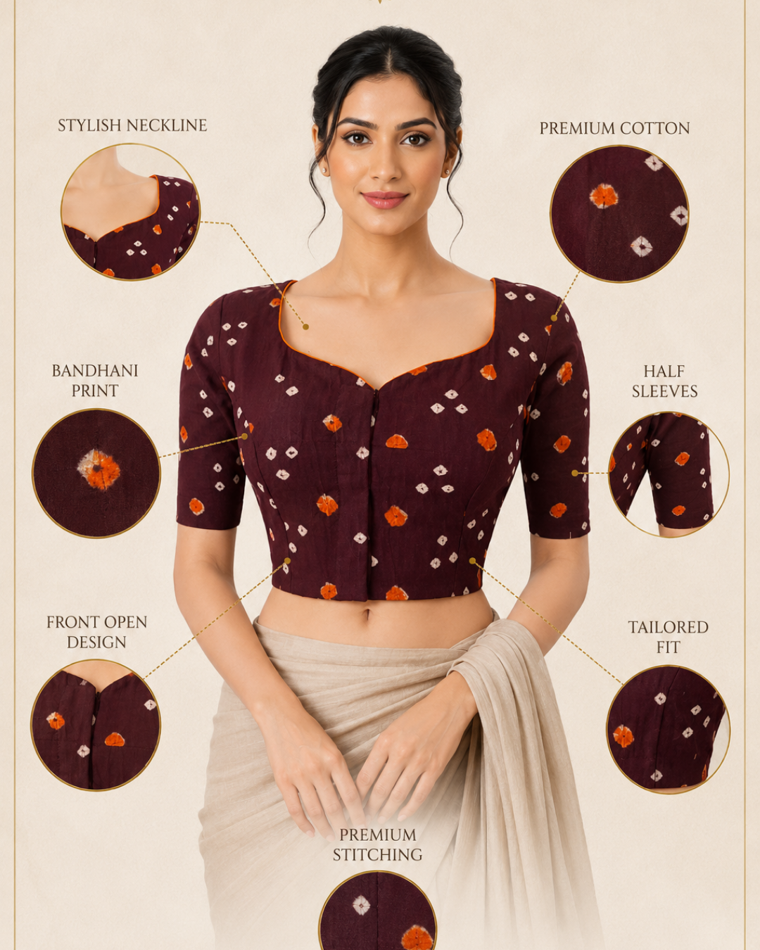 Bandhani  Cotton  Y neck Blouse with Lining,  Dark Brown,  BP1188
