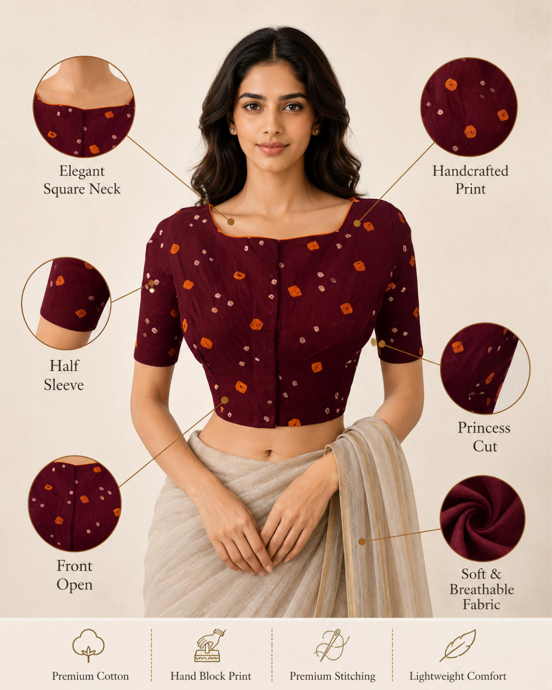 Bandhani  Cotton  Boat neck Blouse with Lining,  Brown,  BP1187