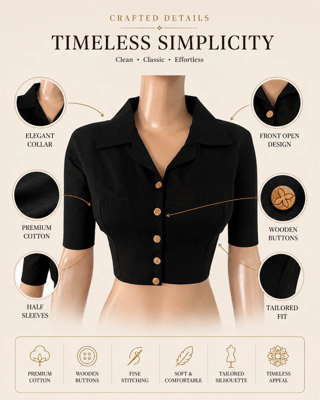 Flex Cotton Shirt Collar Blouse With Wooden Button Details , Black, BH1327