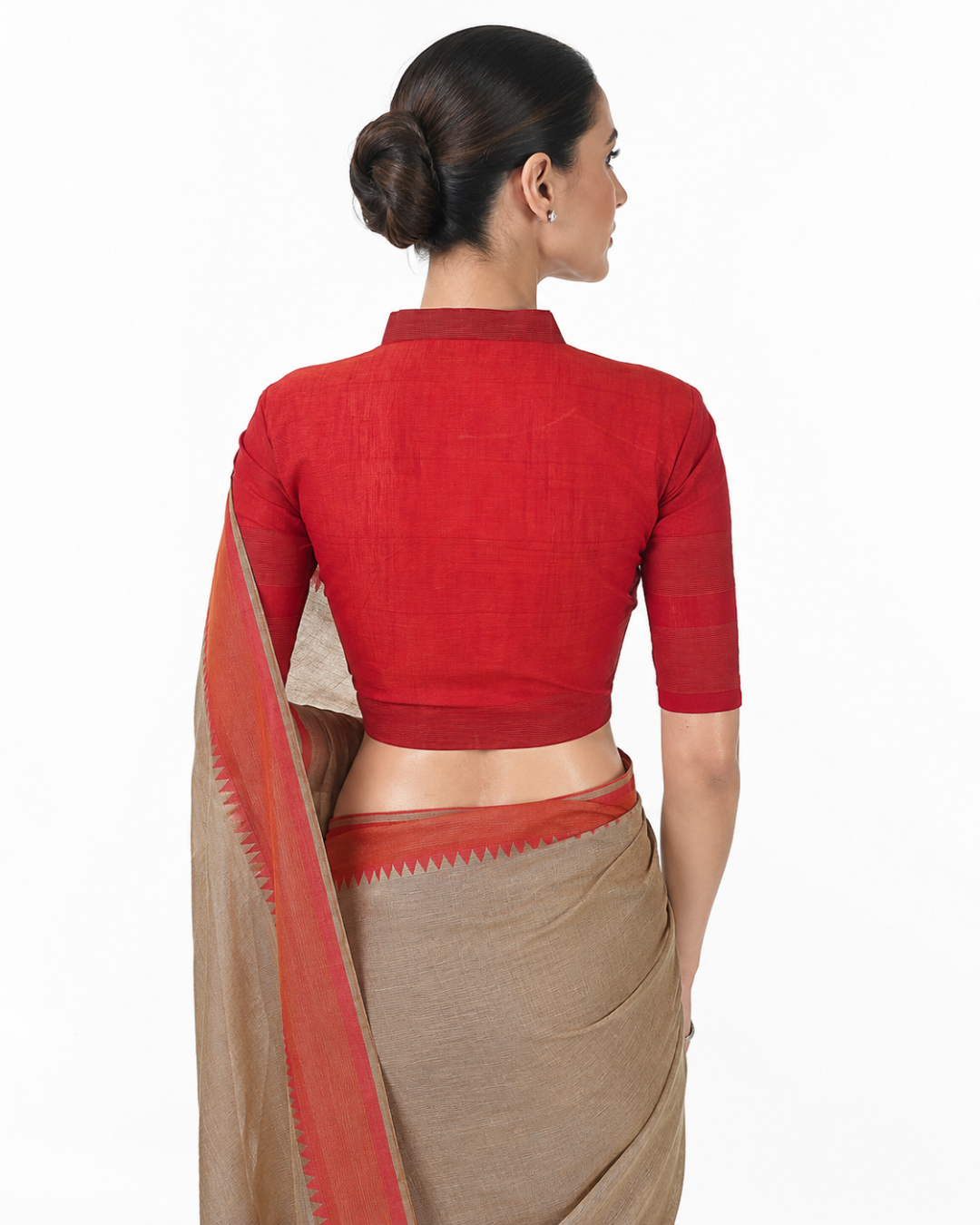 Handloom Woven Cotton V-collar Blouse , Rust- Orange , BH1301