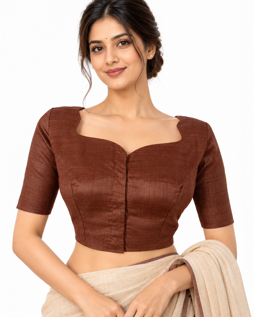 Pure Tusar Silk Scallop Neck Blouse with Embroidery Patches and Lining, Chocolate color , BL1003