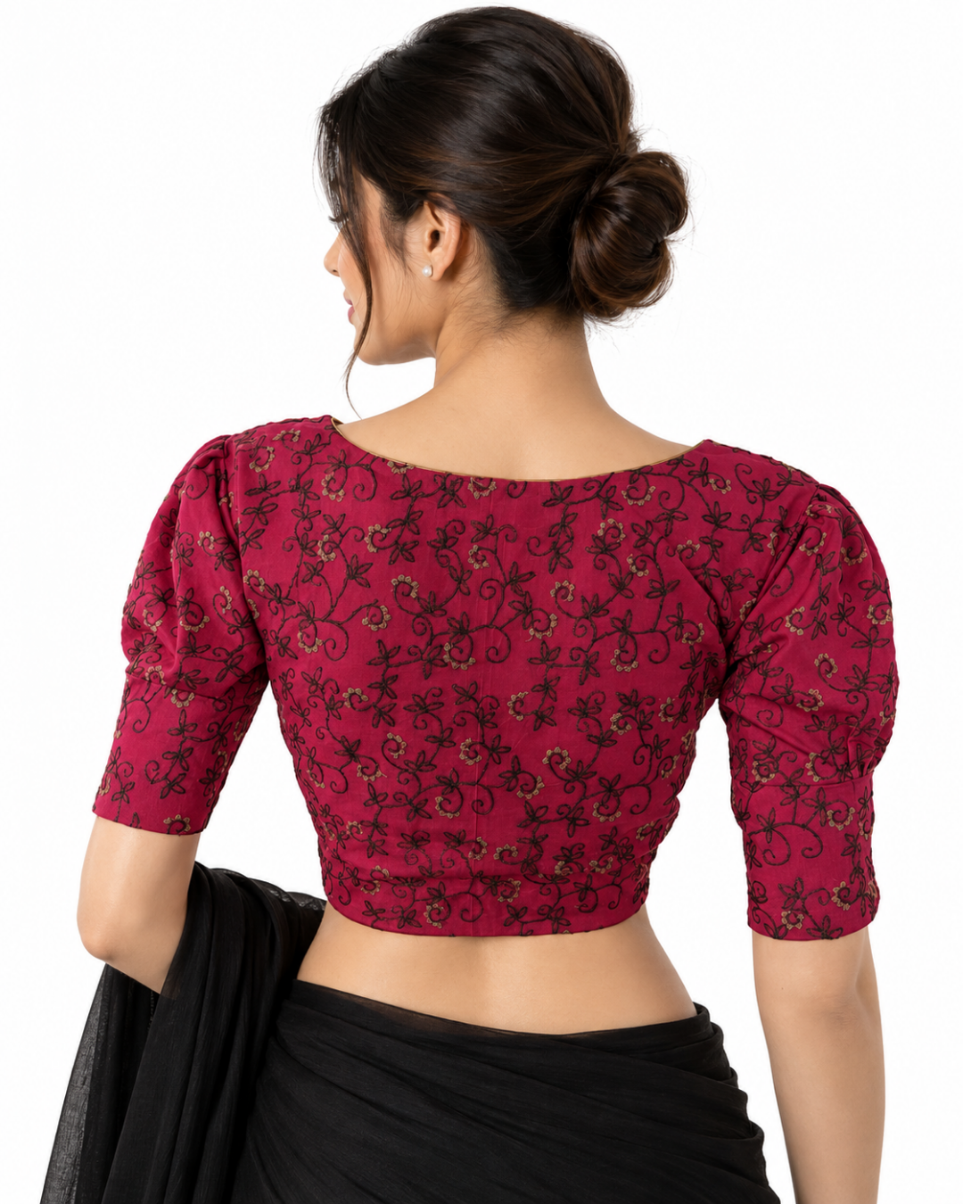 Embroidered  2 x 2  Cotton V neck Blouse with Puff Sleeves & Lining,  Majentha, BW1135