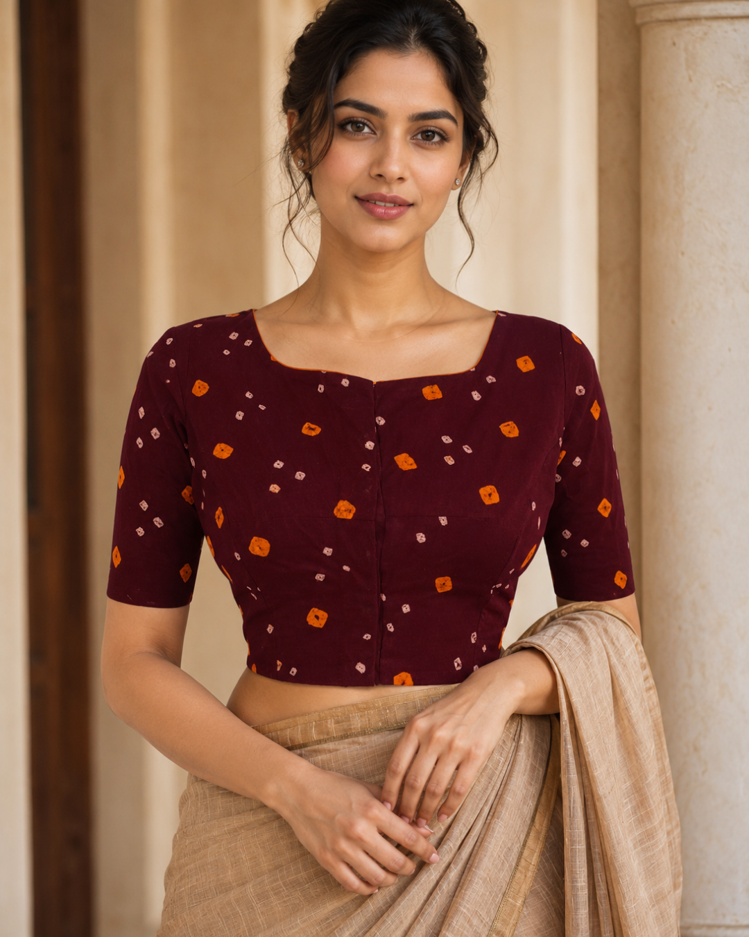 Bandhani  Cotton  Boat neck Blouse with Lining,  Brown,  BP1187