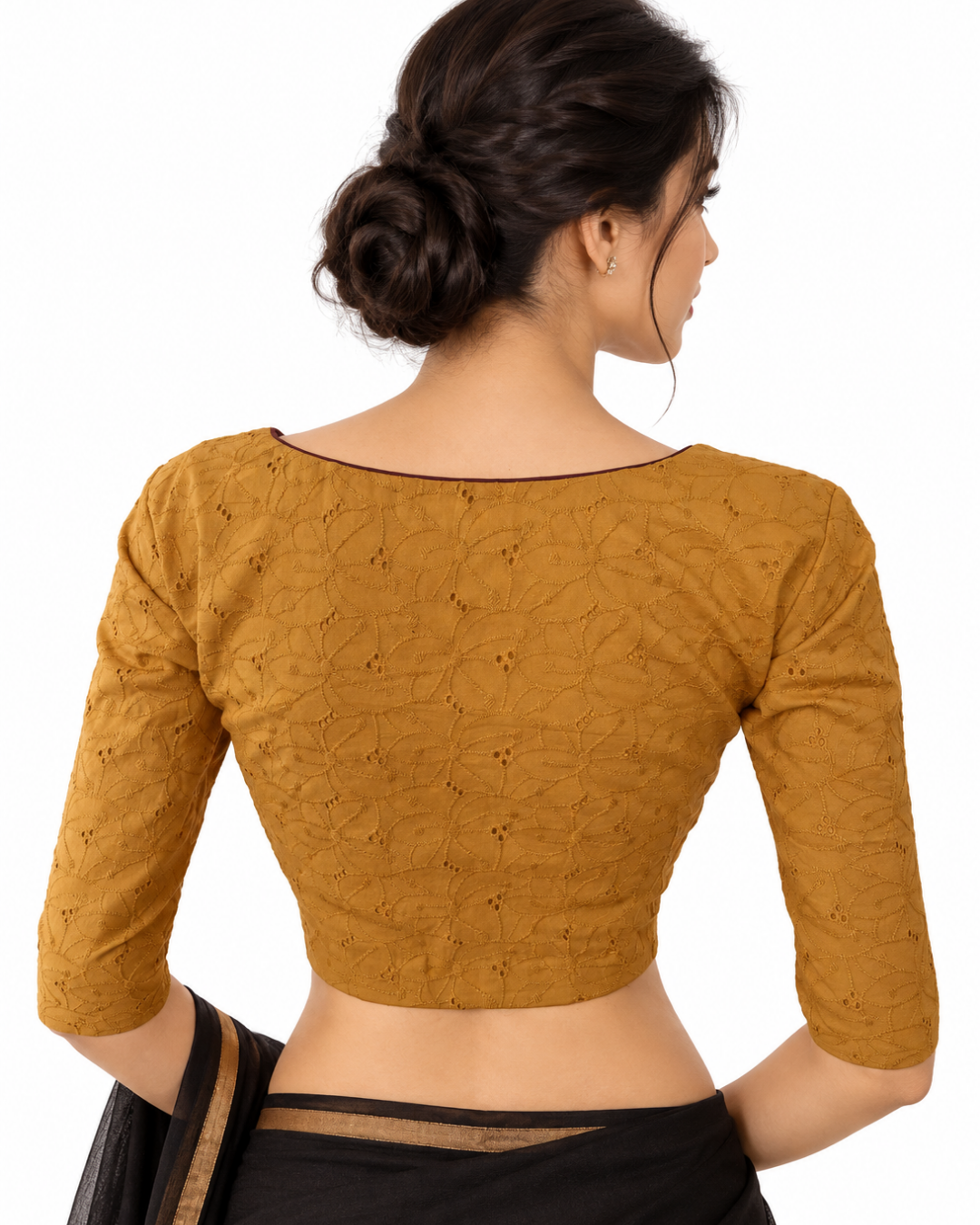 Hakoba Cutwork Cotton Y neck Blouse with  Lining,  Mustard Yellow, BW1141