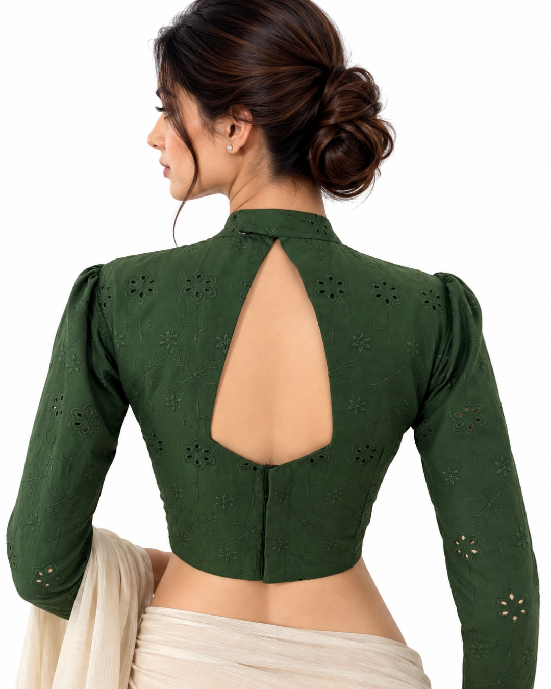 Hakoba Cotton Close Neck Blouse with Puff Full Sleeves, Back Open and  Lining , Bottle Green , BW1184